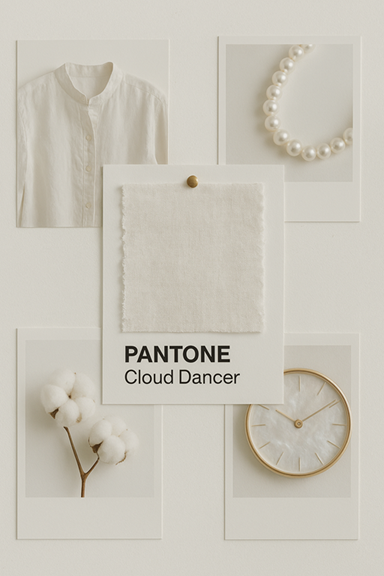 Blanc tamisé, Cloud Dancer se rapproche du blanc du lin, du coton, des perles, de la nacre.